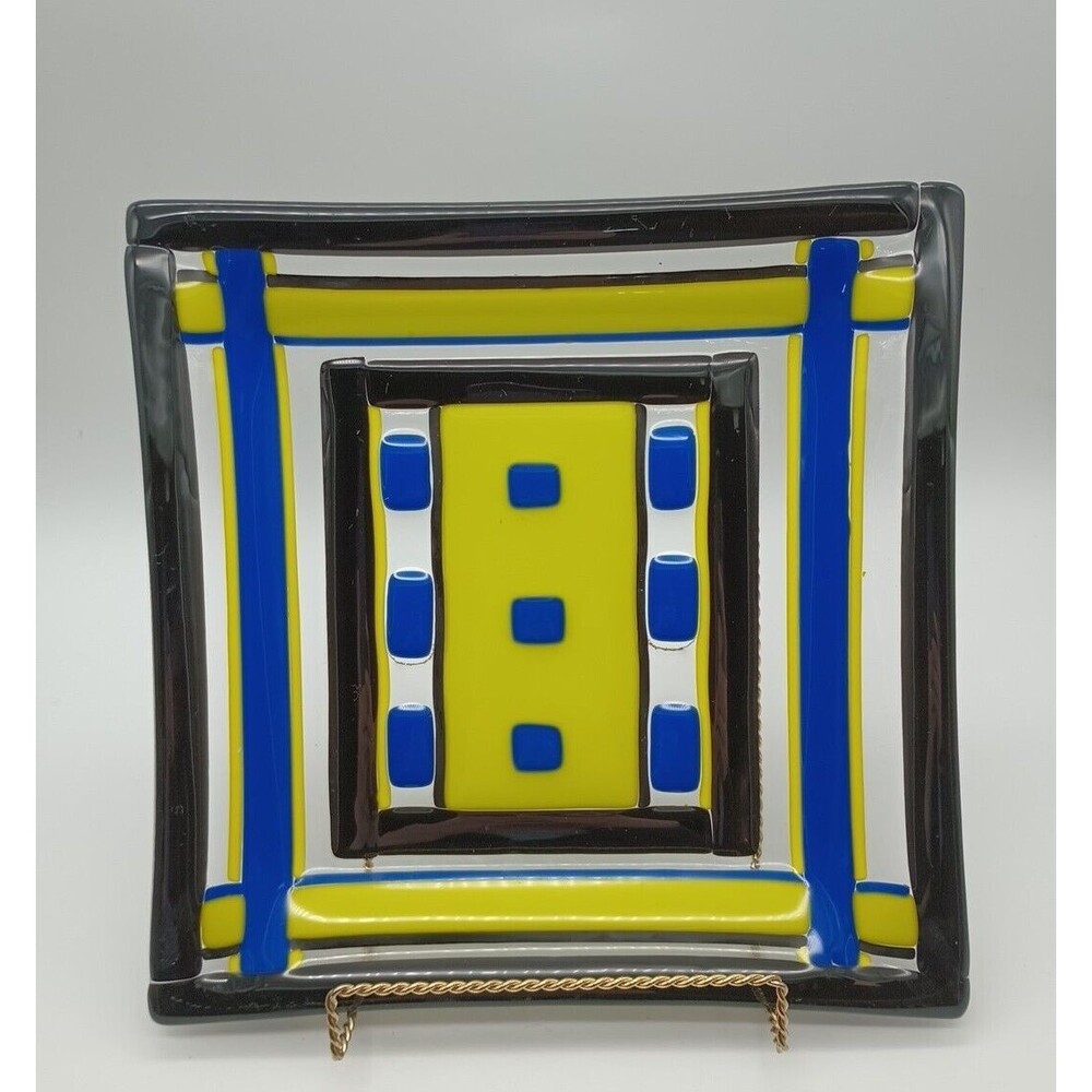 Fused Art Glass Tray Blue Yellow Black Candle Plate Centerpiece - Picture 3 of 6
